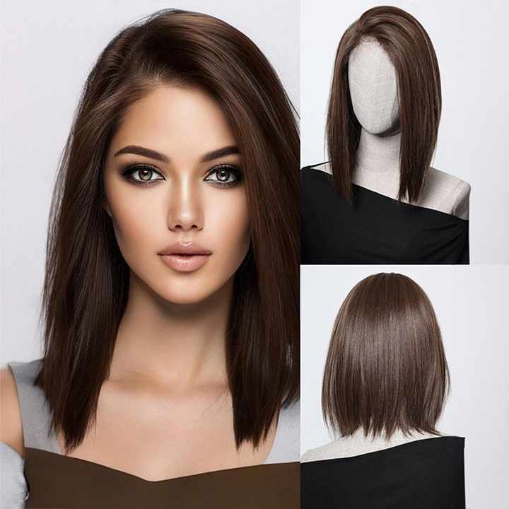 Medium Length Straight Wig in Black Brown
