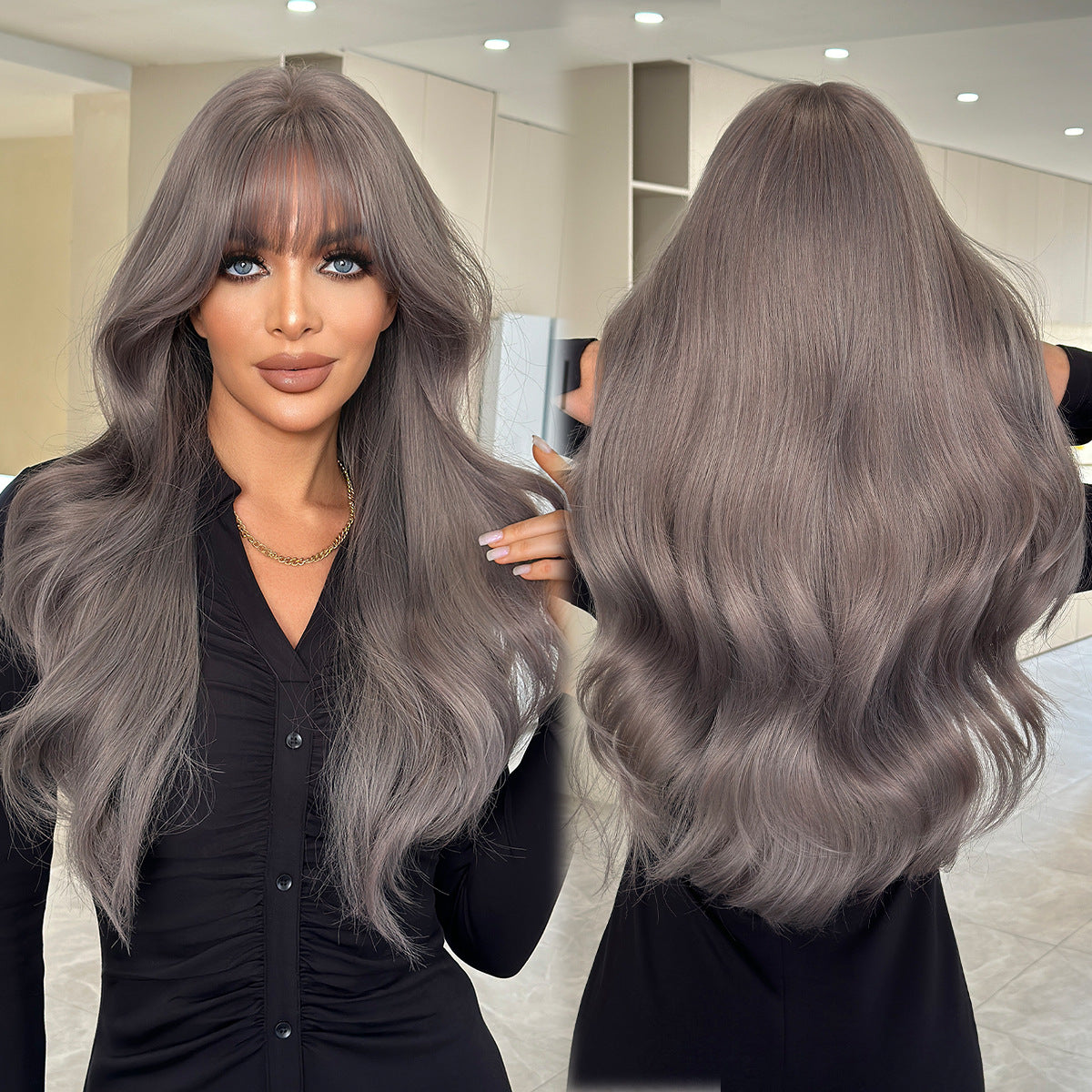 Brown Lace Front Wig – Long Wavy Synthetic Hair, Natural Look