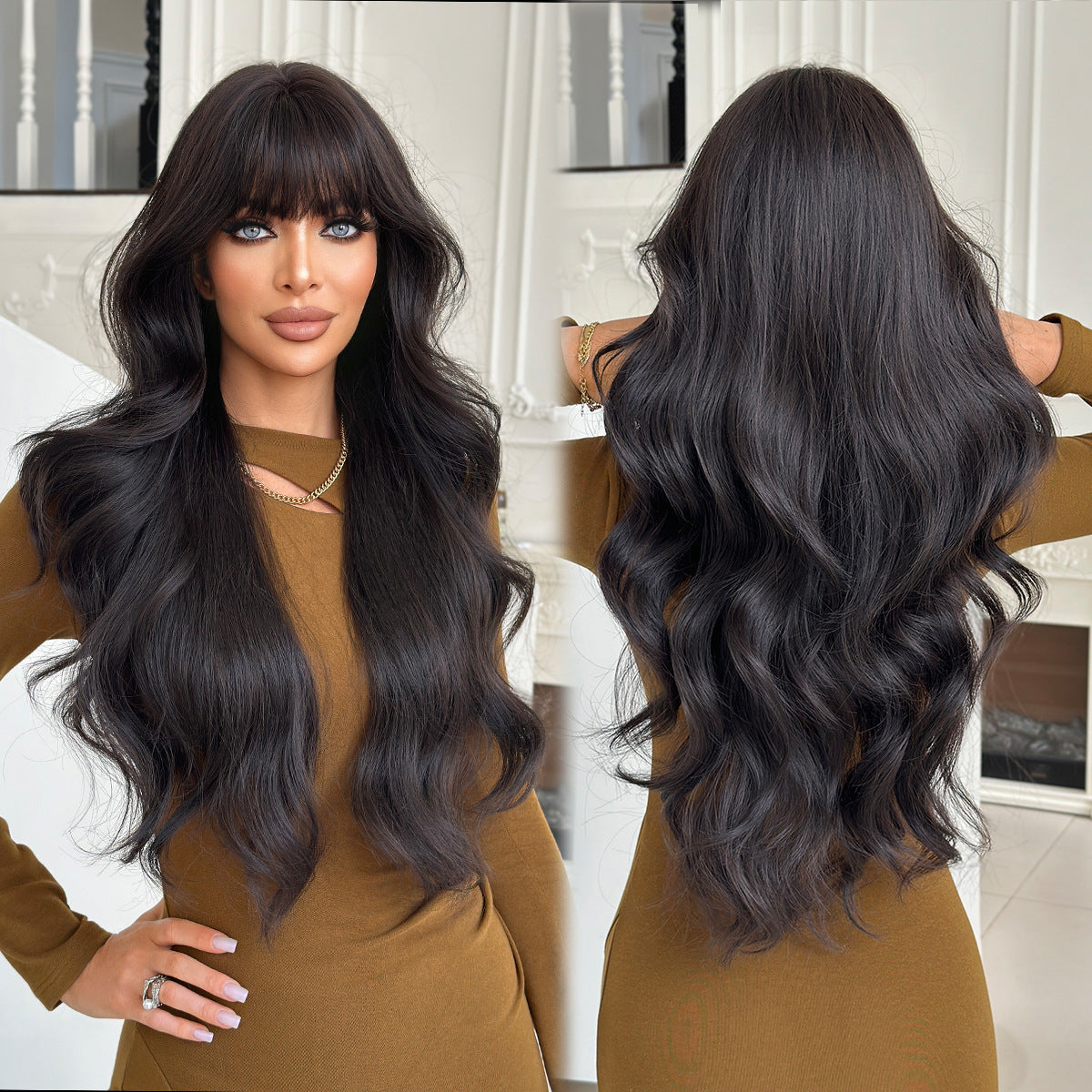 Brown Lace Front Wig – Long Wavy Synthetic Hair, Natural Look
